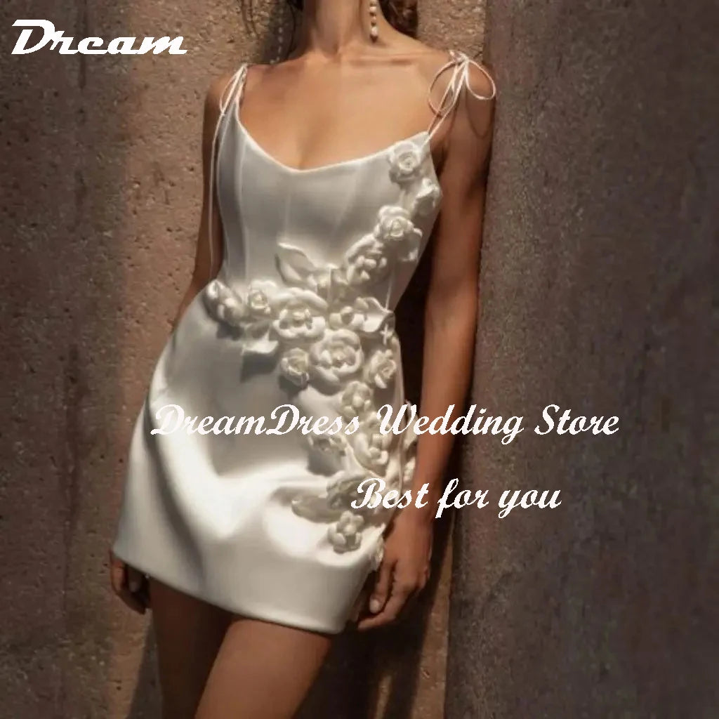 White Bridesmaid Dresses: A Line Wedding Second Dress 3D Flowers Satin Backless