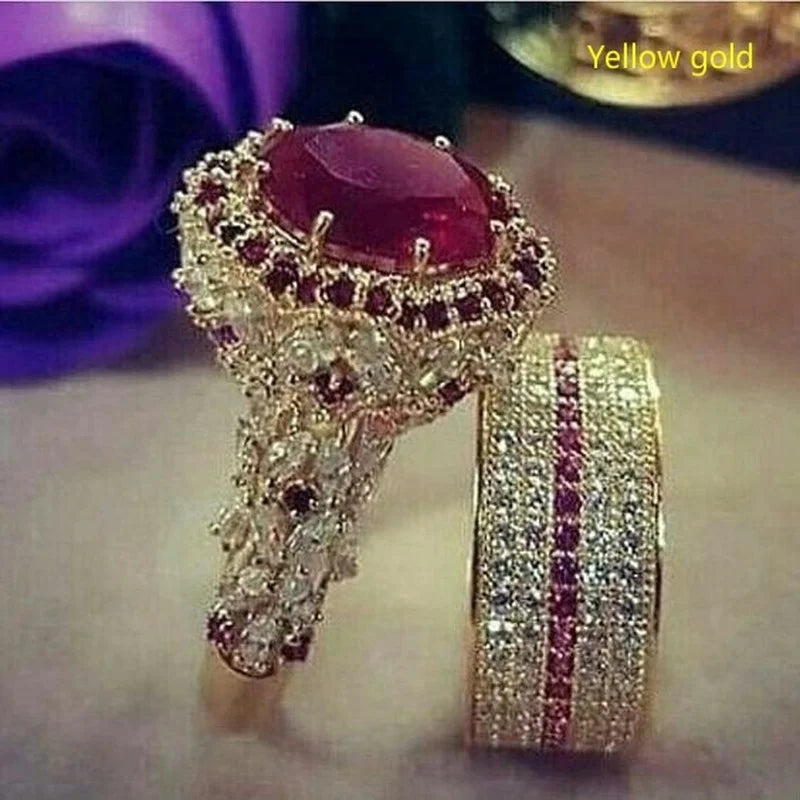 Elegant  Gold Color Hip Hop Ring for Women Fashion Inlaid Zircon Red Stones