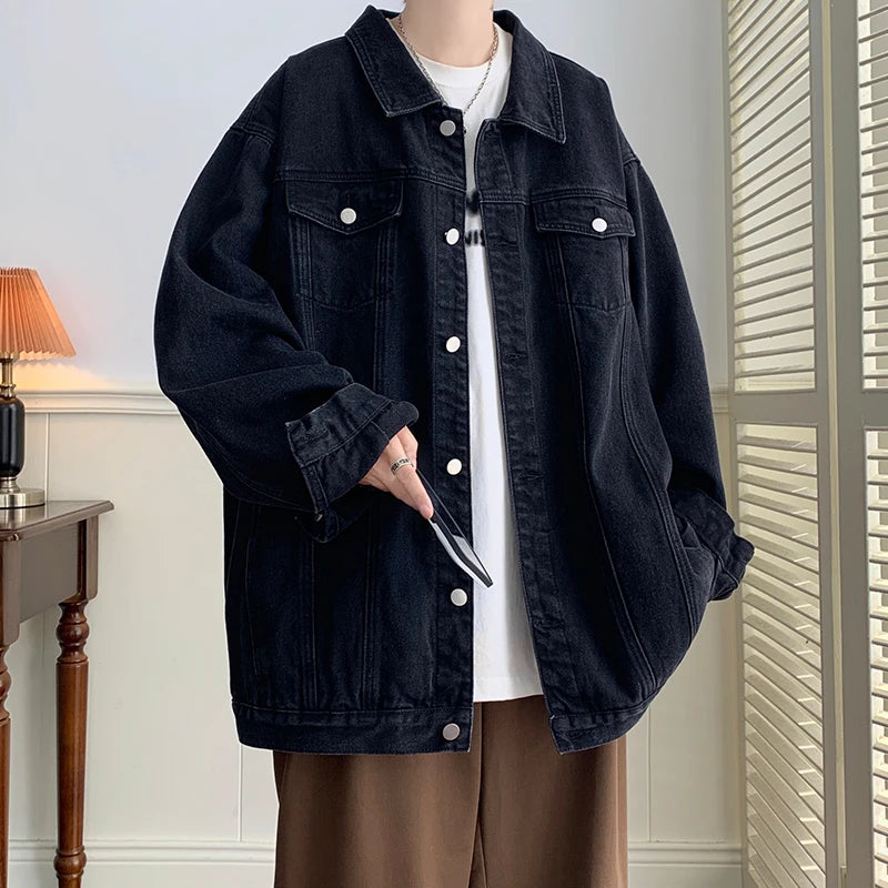 Plus Size 5XL-M Black Denim Jacket Mens Turn Down Collar Jeans Coats