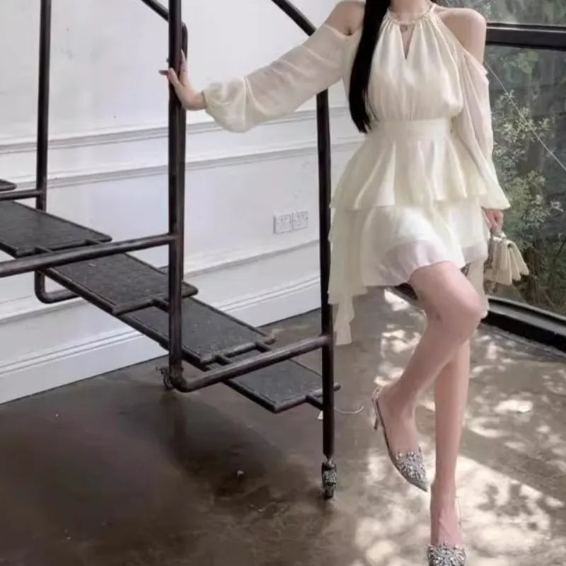 Dresses Women Hollow Out Design Chic Defined Waist Off-shoulder Ruffles Popular Long Sleeve Vestidos Gentle Sweet Spring Summer