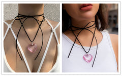 Metal Heart Pink Red flannelette Chain Necklace Knitted Bowknot Choker Neck Tie Love