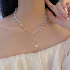 Cute Love Heart Shaped Pendant Necklace Pearl Chain Shiny Fashion Women Aesthetic