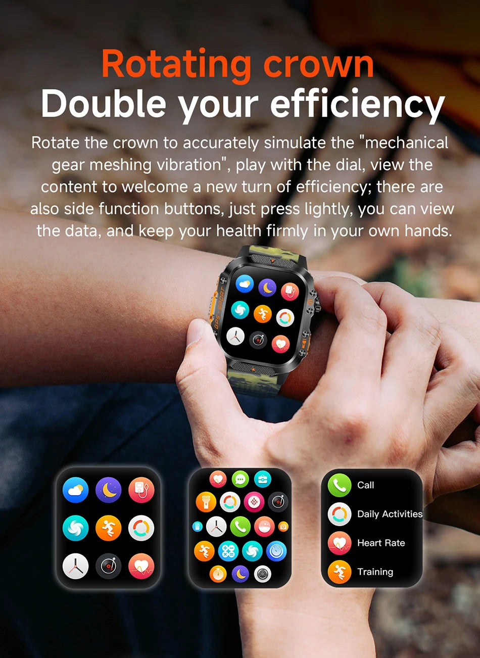 2025 New Military Outdoor Smart Watch Men's GPS Flashlight Bluetooth Call 2.01" AMOLED Screen 3ATM Waterproof Sports Smartwatch