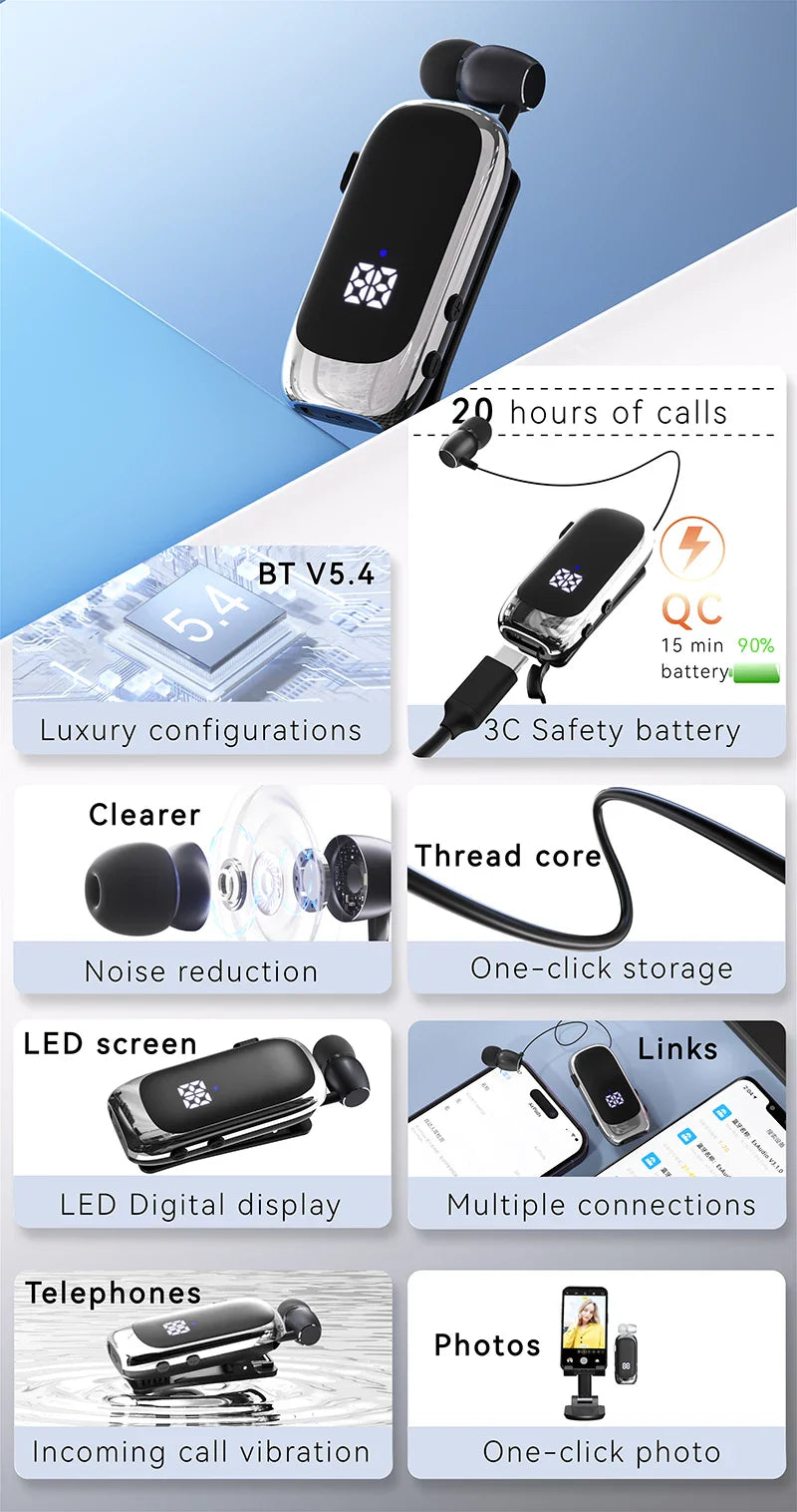 K88 Lavalier Business Bluetooth 5.4 Headphone Talk/Music Time 20 Hours, LED Digital Display,Noice Cancelling Wireless Earphones