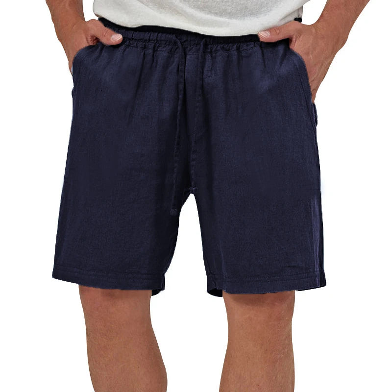 Summer Mens Linen Elastic Shorts Lightweight Cotton Trousers Pockets Breathable Beach Pants Fitness Sweatwear Shorts Men