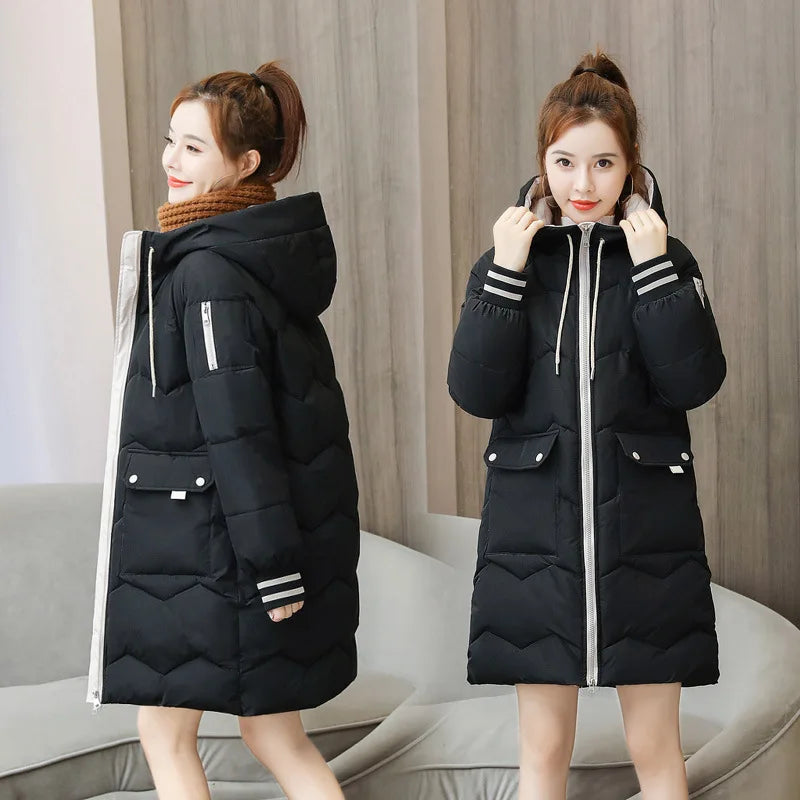 Women Winter Coat Mid-length Cotton Padded Parkas Hooded Warm Thicken