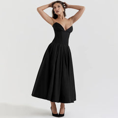 Black Sleeveless Strapless Elegant Wedding Prom Dress with Chest Pad Midi A-Line Party Evening Dresses for Women 2024