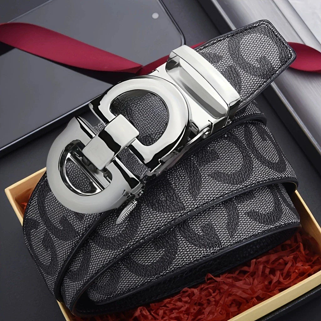 Men's Sleek Automatic Buckle Belt - Genuine FauxwithTextured Square Pattern, Black, Simple & Stylish DesignforCasual Attire