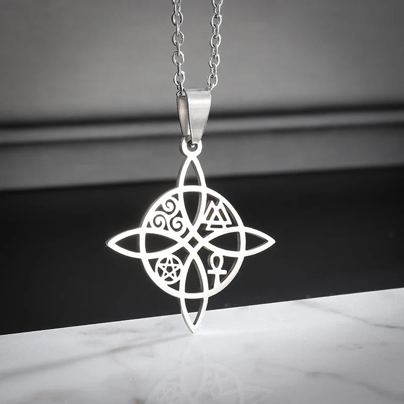Witchcraft Witch Knot Necklace Irish Trinity Knot Triple Spiral Pendant Stainless Steel Ankh Cross Pentagram Amulet Jewelry