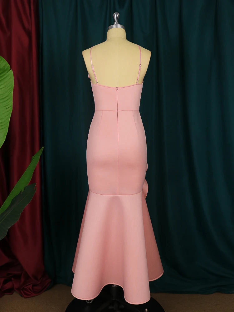 Evening wear Dresses: Pink Long Prom Dresses Backless Flower Ruffles