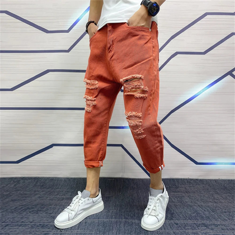 Men's Ripped Hole Jeans White Green Black Ankle Length Youth Fashion