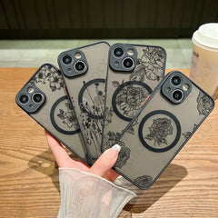 Flowers Pattern For iPhone 16 15 14 Pro Max 13 12 11 Pro Max Case For Magsafe Wireless Charging Matte Acrylic Hard Phone Cover