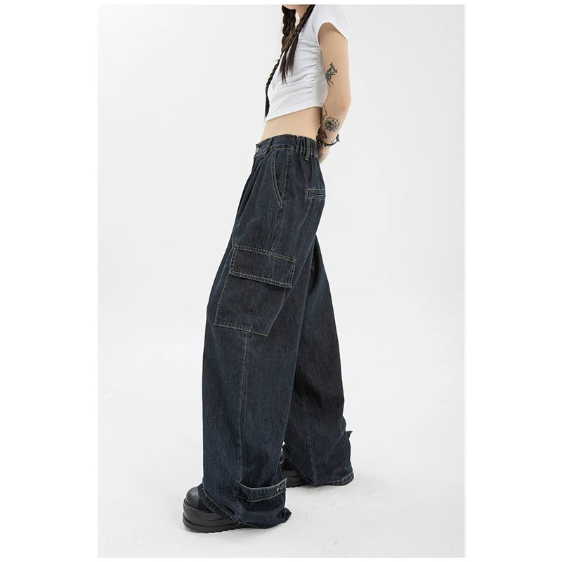 Women's Blue Vintage Wide Leg Jeans Fashion Baggy High Waist Straight Pants