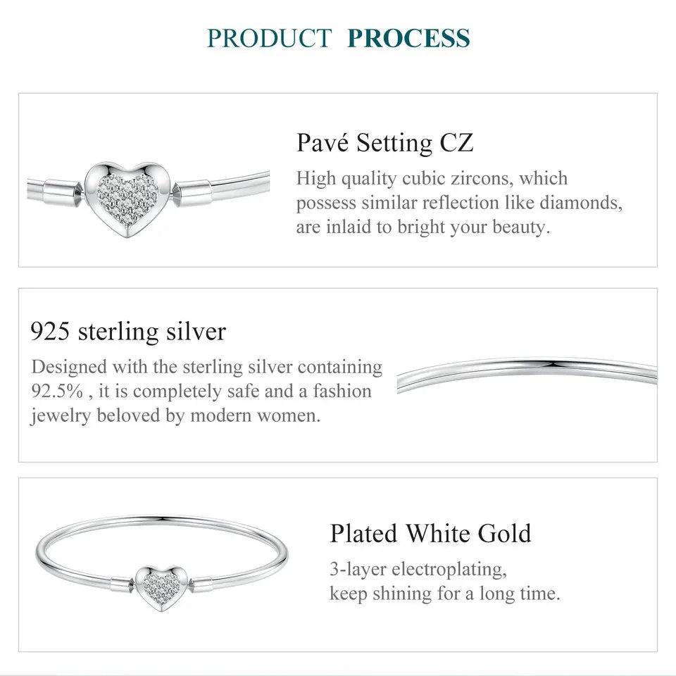 BAMOER Genuine 925 Sterling Silver Charm Glossy Bracelet Heart/Shell Clasp Basic Bangle Star Spacer Beads for Women DIY Jewelry