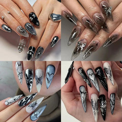 Punk Cool Style Black Flame Love Heart Press on Nails Butterfly Star Long Pointed False Nails Art Fake Nails Charms Y2K Manicure