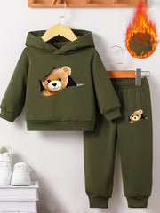 Newborn Baby Boy Fun Cartoon Bear Print Long Sleeve Fleece Sweatshirt with Casual Sports Pants Set Spring Autumn Gift