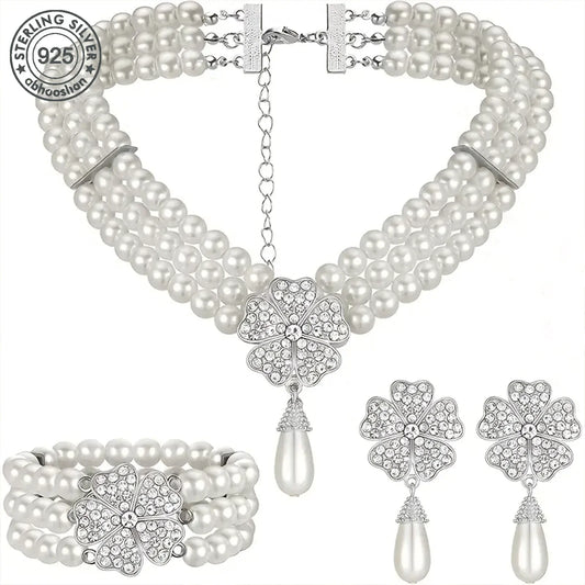 925 Silver, 1 Piece 1920's Pearl Jewellery Set with Vintage Girl Earrings, Layered Faux Pearl Necklace and Bracelet for Women