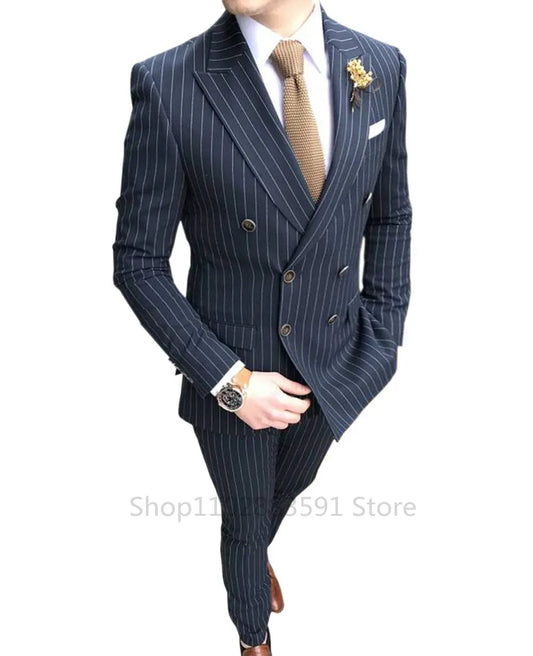 Tuxedo for Mens: Men's Striped Wedding Casual Tuxedo Men's British Slim Suit 2pcs