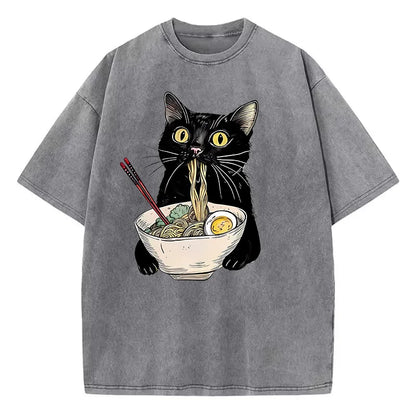 Unisex Hip Hop T Shirt Vintage Washed 100% Cotton T-Shirt Black Retro Cat Eating Ramen Graphic Tee Casual Streetwear