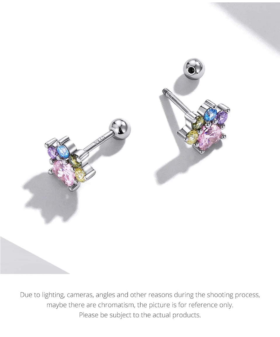 WOSTU 925 Sterling Silver Animals Cute Paws Rainbow Stud Earrings For Women Heart Oval Flower Zircon Crab Ear Studs Jewelry Gift