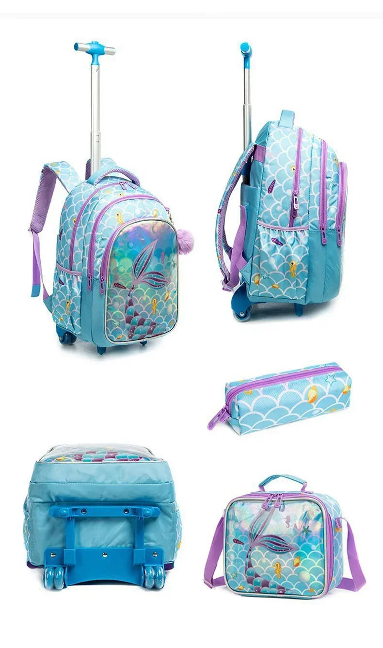 Children's Wheeled Backpack Bag Set with Lunch Box School Rolling Backpack Bag with Wheels School Trolley Backpack Bag for Girls