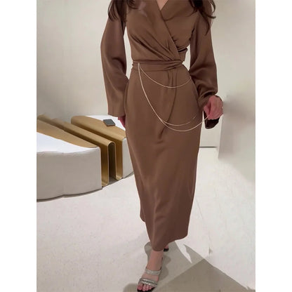 Spring V-neck Elegant Satin Women Party Dress Fashion High Waist Chains Design Long Dress Autumn Long Sleeve Straight Maxi Dress