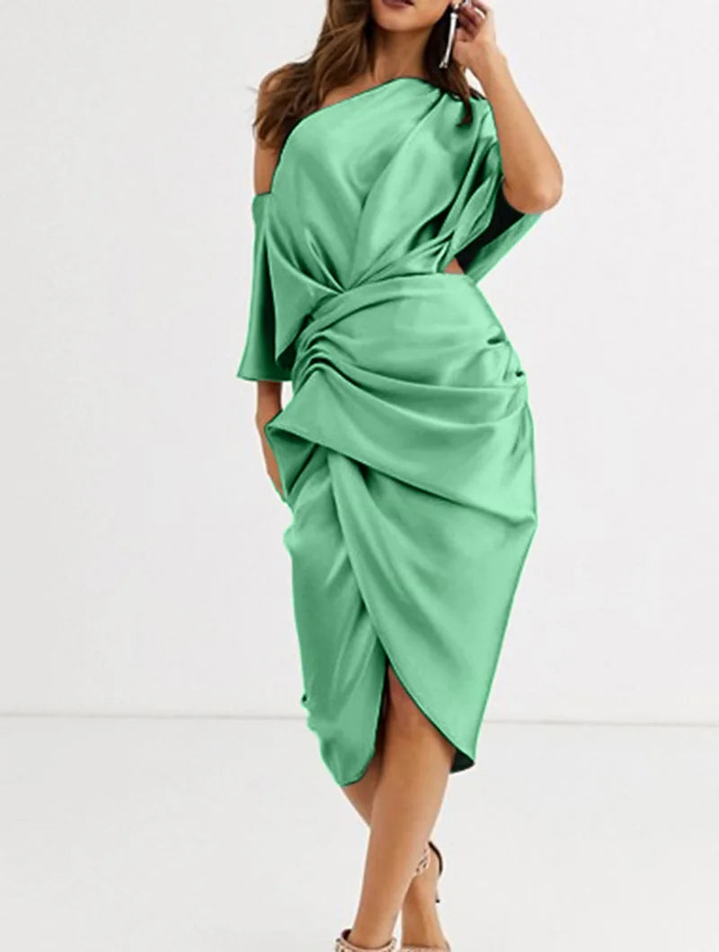 Evening Dress One-Shoulder Mermaid Half Sleeve Tea-Length
