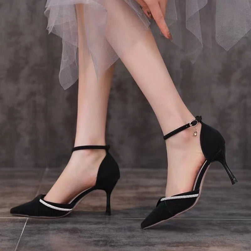 Bling Crystal Ankle Strap Pumps for Women Sexy Pointed Toe Thin Heel Party Shoes Ladies Black White Pu Leather High Heels Shoes