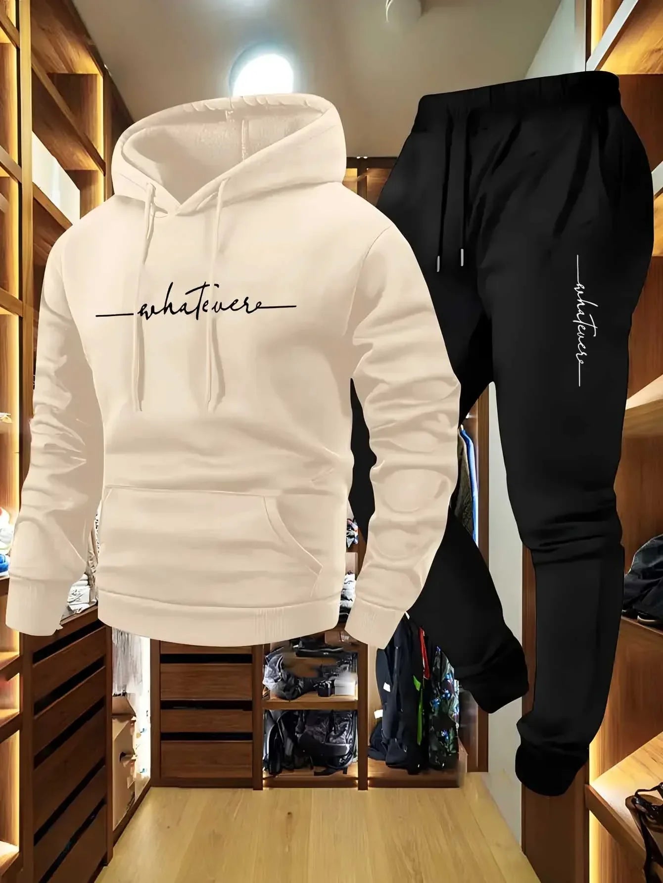 Men's Autumn and Winter Pattern Casual Two-Piece Set Hooded Sweatshirt and Pants with Pockets Regular Fit Outdoor Sport Suit