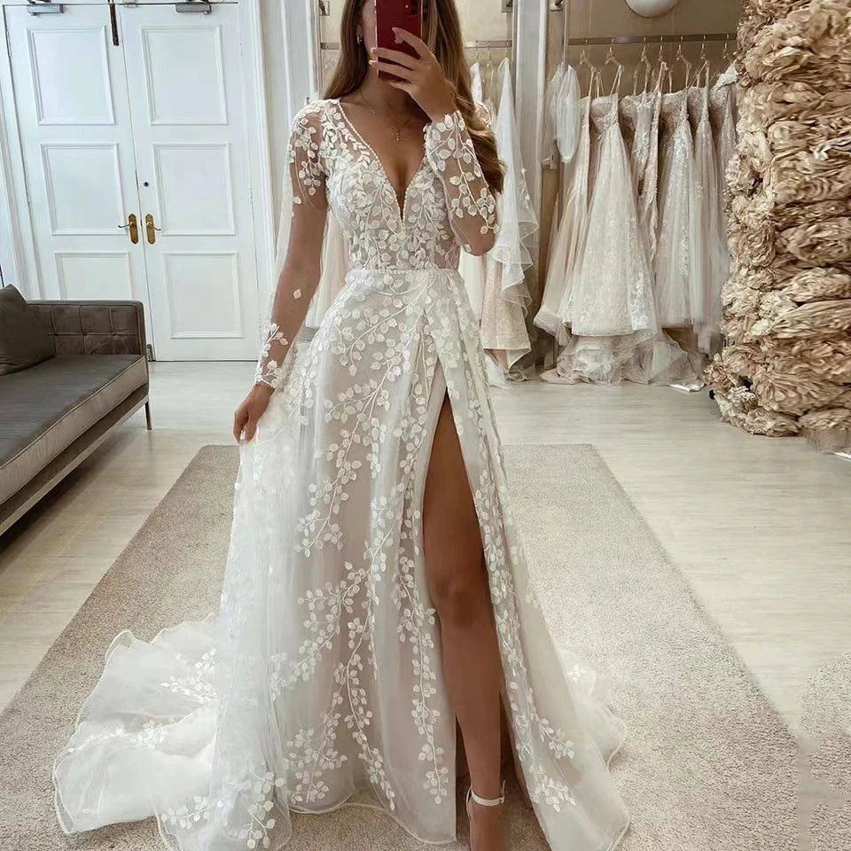 White Bridesmaid Dresses: Wedding Dresses Lace Applique Bride Gowns Split Tulle