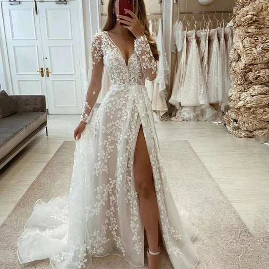 White Bridesmaid Dresses: Wedding Dresses Lace Applique Bride Gowns Split Tulle