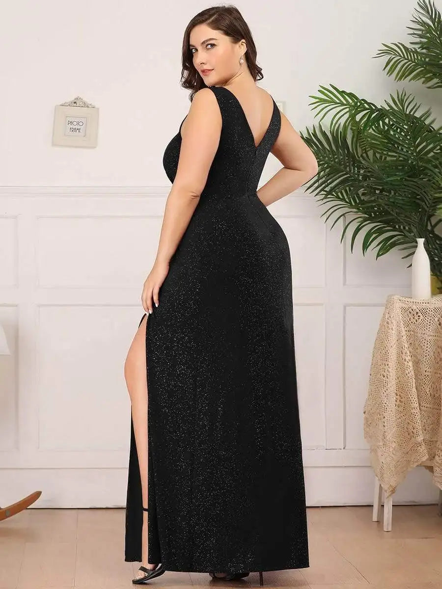 Homecoming Dresses: Plus Evening Dresses V Neck Hidden zipper With Side Split Black