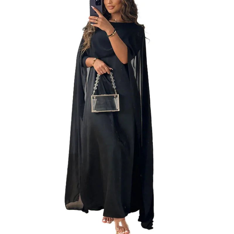 Evening Dresses:  Women Big Hem Long Dress Casual O Neck Solid Color Chiffon