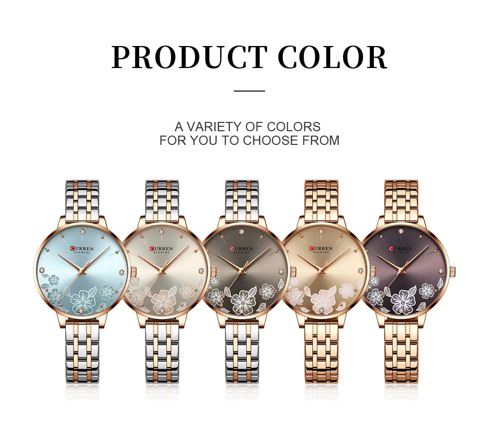 CURREN Fashion Quartz Wristwatches for Women Simple Stainless Steel Watch Bracelet with Flower Design Dial
