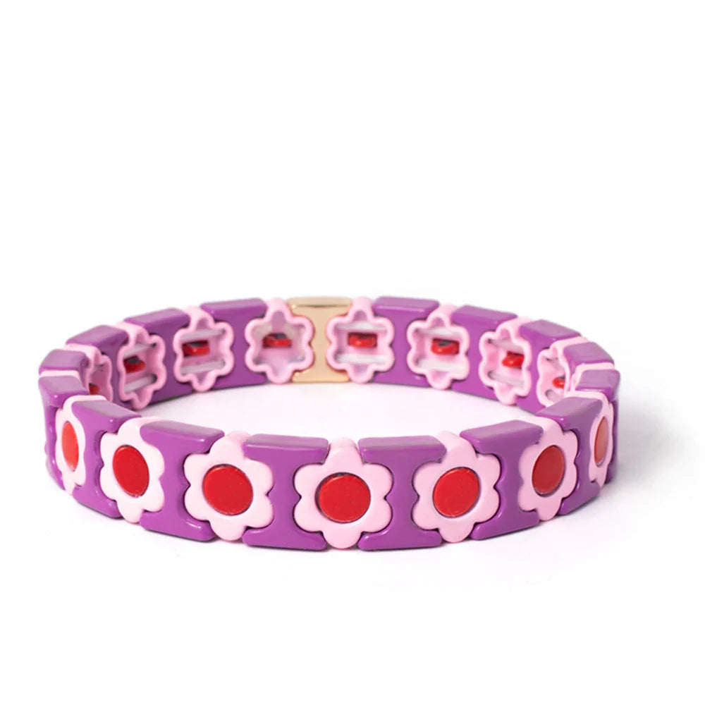 New Design Colorful Flower Charms Bangle For Women Handmade Bohemian Elastic Flower Bracelets Metal Beads Jewelry