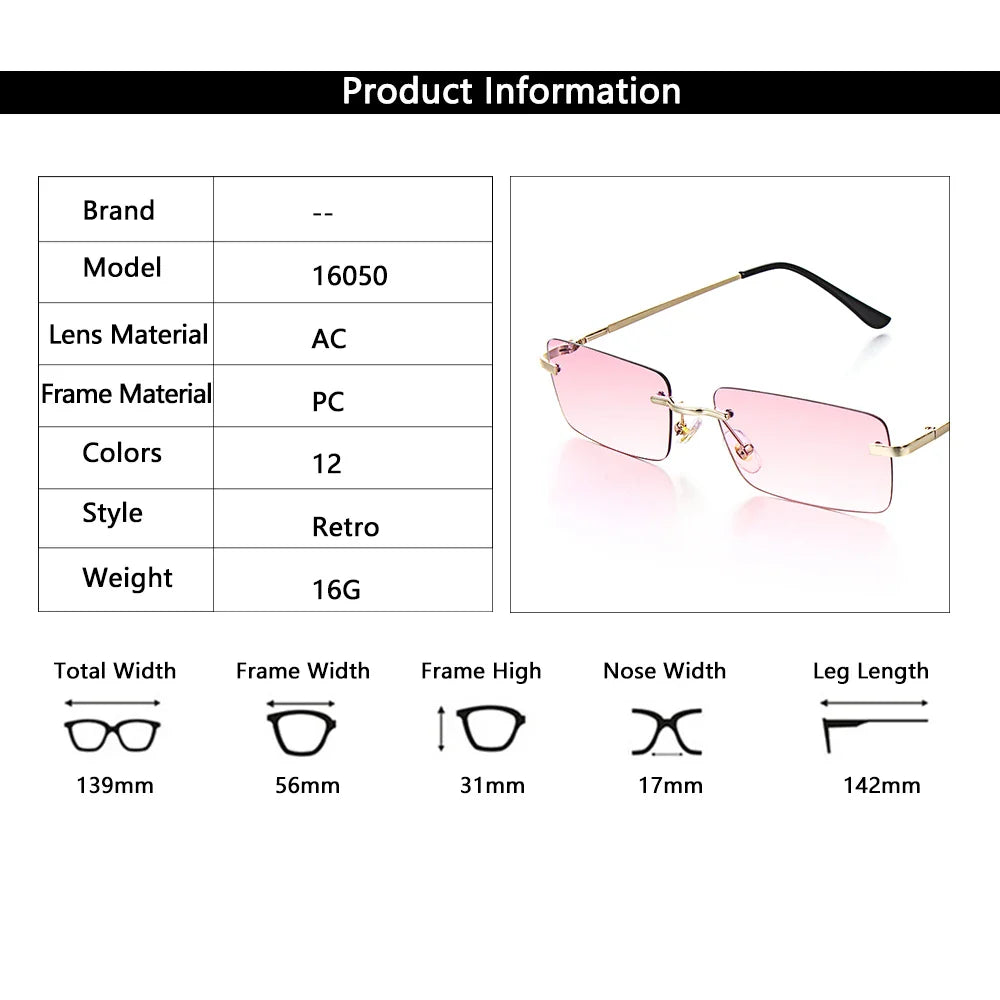 1Pc Women Vintage Sunglasses Luxury Design Rectangle Rimless Sun Glasses Retro UV400 Gradient Glasses Fashion Unisex Eyeglasses