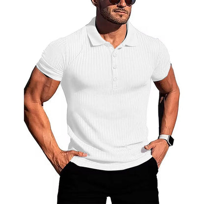 Men's running sports fitness wear summer high stretch vertical short-sleeved POLO shirt slim knit base shirt