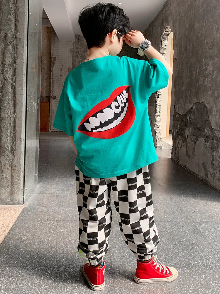 Summer Teenage Boy Girls Clothes Set Children Tshirts and Plaid Pants 2 Pieces Suit Kid Short Sleeve O Neck Top Bottom Tracksuit