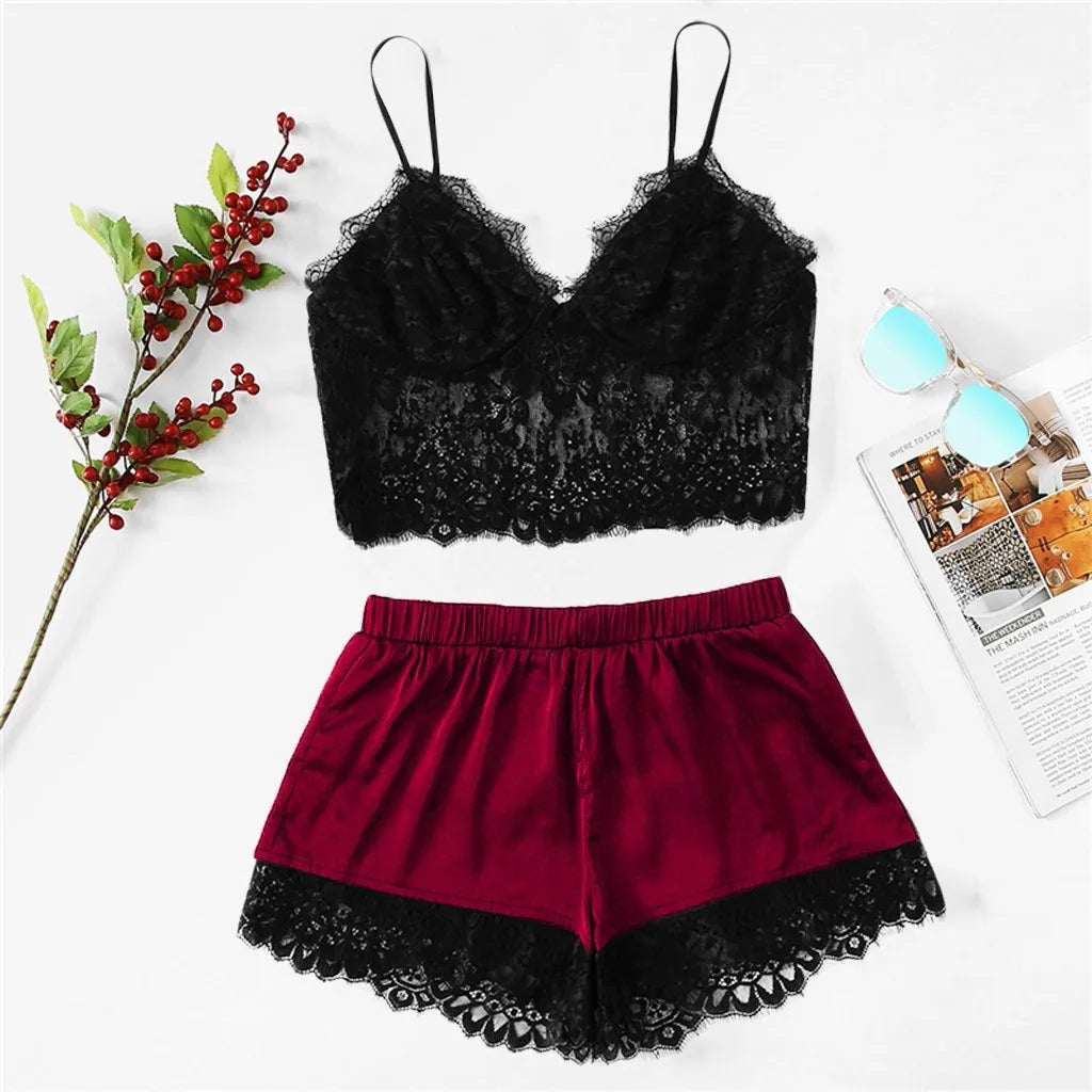 Lace Lingeries Set 2 Piece Set Exotic Deep V Suspenders