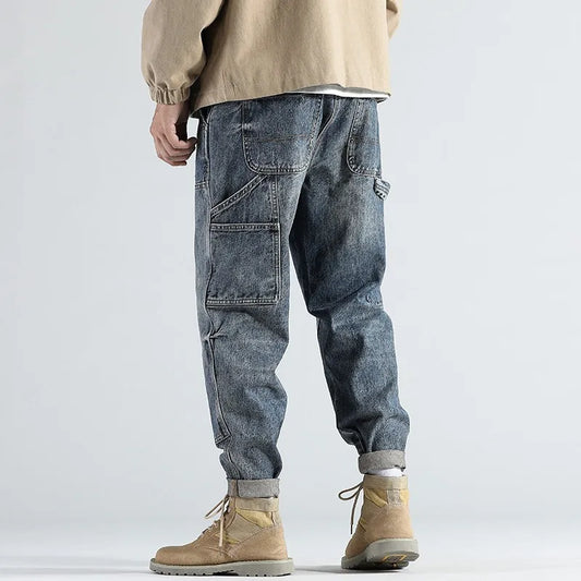 Fashion Retro Straight Loose Large Size Cargo  Jeans Men's Brand Autumn