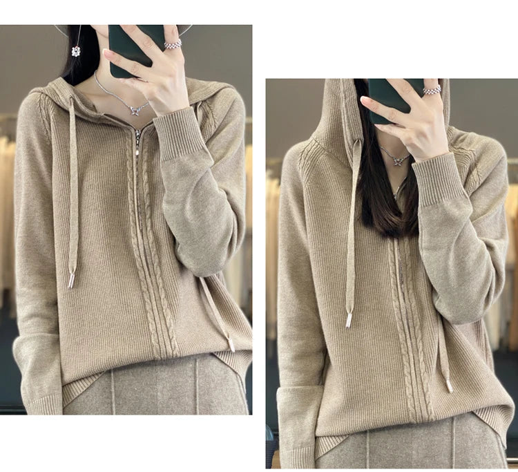 autumn and winter hooded cardigan women's knitted top loose sweater casual