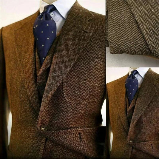 Brown Wool Tweed Men Suits For Wedding Business Formal Groom Tuxedo