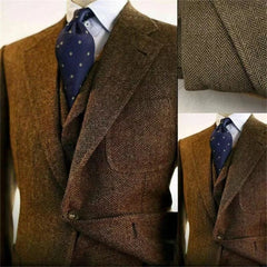 Brown Wool Tweed Men Suits For Wedding Business Formal Groom Tuxedo