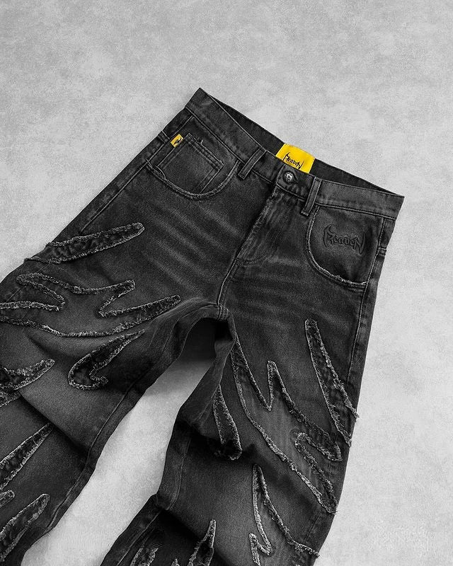 Baggy Jeans for Men Y2k Hip Hop Distressed Retro Black Pants  Oversized Embroidery