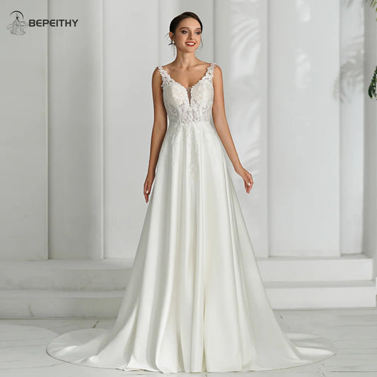 V Neck Backless Satin Ivory Wedding Dresses For Women Sleeveless