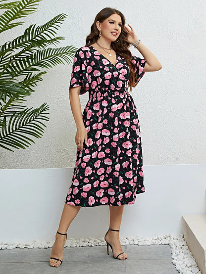 Plus Size Floral Print Wrapped V-Neck Women Dresses Short Sleeves A-Line Bohemia Robe Casual Lady Vacation Large Size Clothing