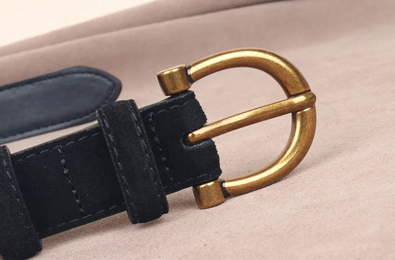 Fashion Women Belt Suede Genuine Leather Skinny Waistband Gold Buckle Wine Red Belts for Jeans Pants Casual