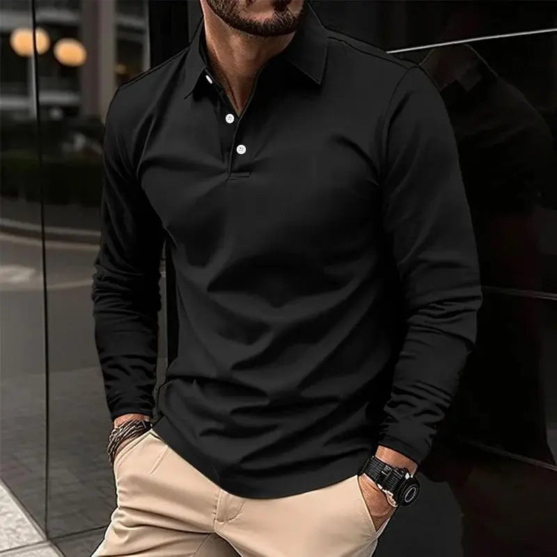 Men's Solid Color Long Sleeved Polo Shirt Spring and Autumn New Product Simple Exquisite Loose and Casual Men's Top