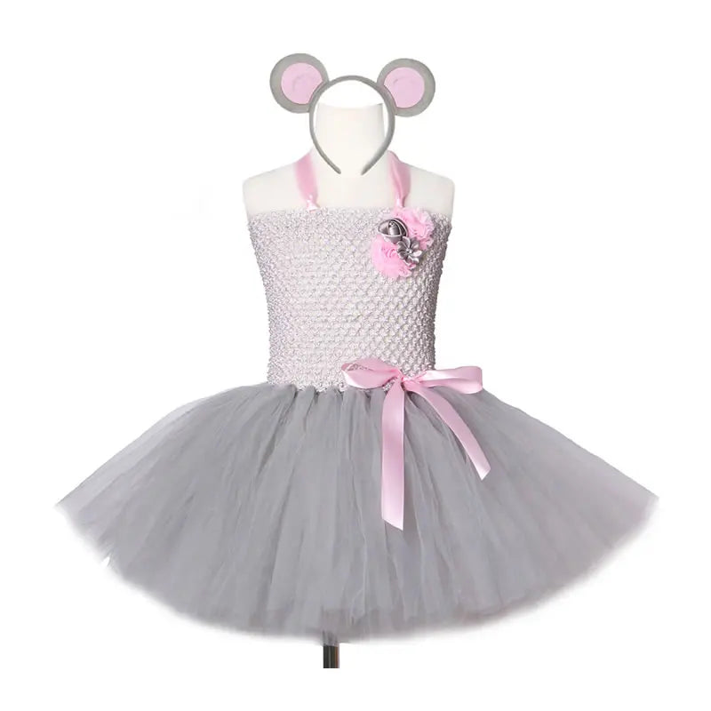 Halloween Mouse Costume For Girl Lace TUTU Dress Fashion Kid Sling Flower Tunic+Headband+Bow Tie+Tail 4pcs Set Child Frock