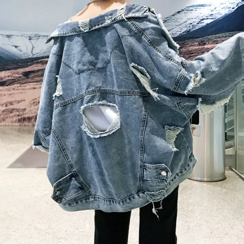 Fashion Blue Ripped Denim Jacket Y2K Distressed Streetwear Hip Hop Broken Hole Jeans